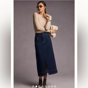 Anthropologie Pilcro Slit Front Denim Maxi Skirt Stretch Fray Hem Dark Blue